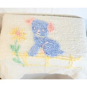 Vintage Chenille Baby Blanket Crib Bedspread White Blue Pink Dog 40x50